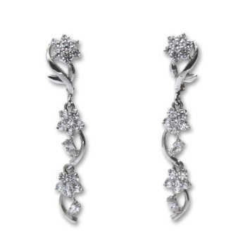 Pendientes largos 3 flores de oro blanco con circonitas