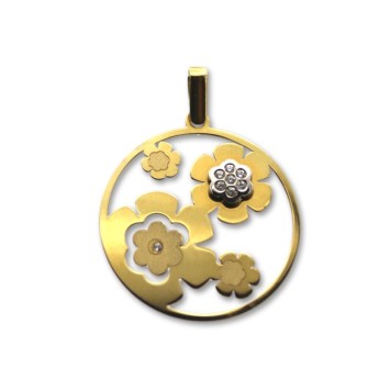 Colgante de oro circular de flores caladas
