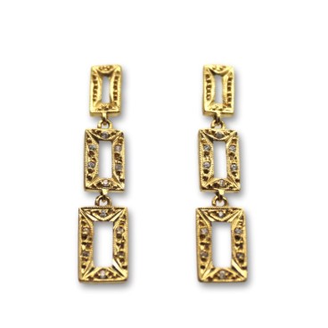 Pendiente largo oro y circonitas tres cuadrados