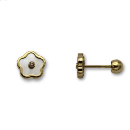 Pendiente de oro margarita con circonita y nácar